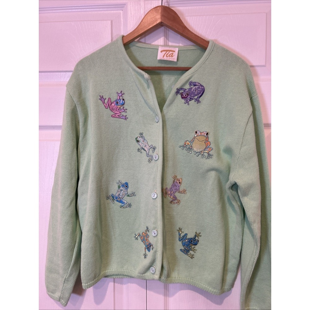 Vtg Tia Womens Grandma Cardigan Sweater Size L Frogs Mint Green Grannycore - Picture 4 of 8